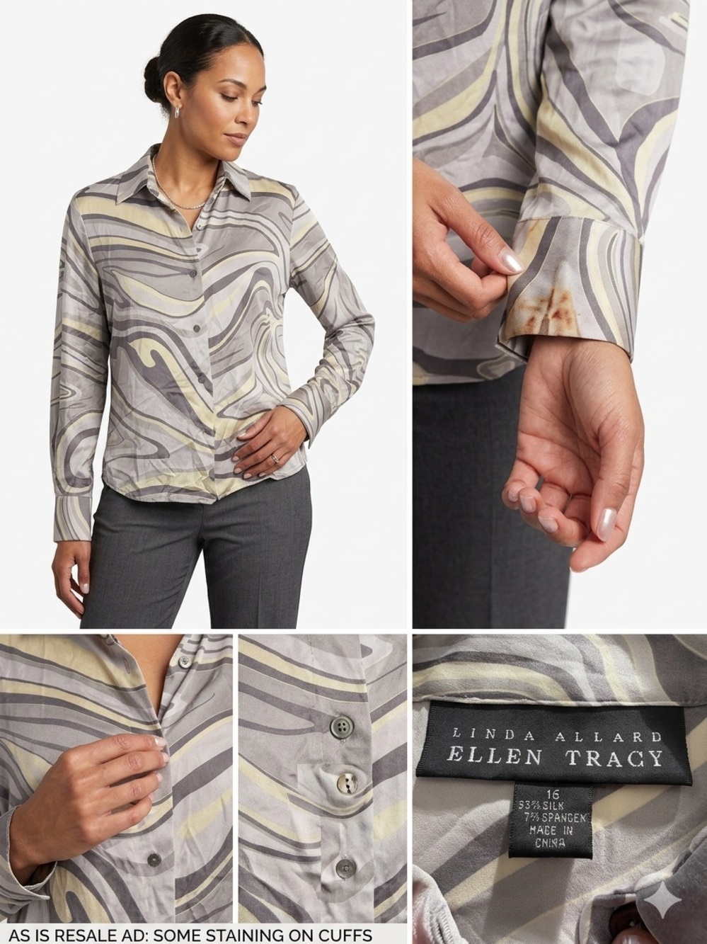 Linda Allard Ellen Tracy Silk Blend Abstract  Blouse Gray Cream Size 16 AS IS